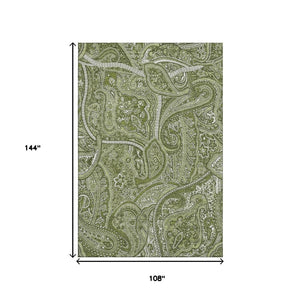 HomeRoots 9' X 12' Green and Ivory Paisley Area Rug – Washable, UV Protected, Durable for High-Traffic Spaces 652646