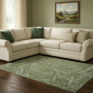 HomeRoots 9' X 12' Green and Ivory Paisley Area Rug – Washable, UV Protected, Durable for High-Traffic Spaces 652646