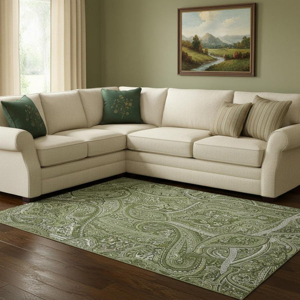 HomeRoots 9' X 12' Green and Ivory Paisley Area Rug – Washable, UV Protected, Durable for High-Traffic Spaces 652646
