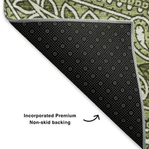 HomeRoots 9' X 12' Green and Ivory Paisley Area Rug – Washable, UV Protected, Durable for High-Traffic Spaces 652646