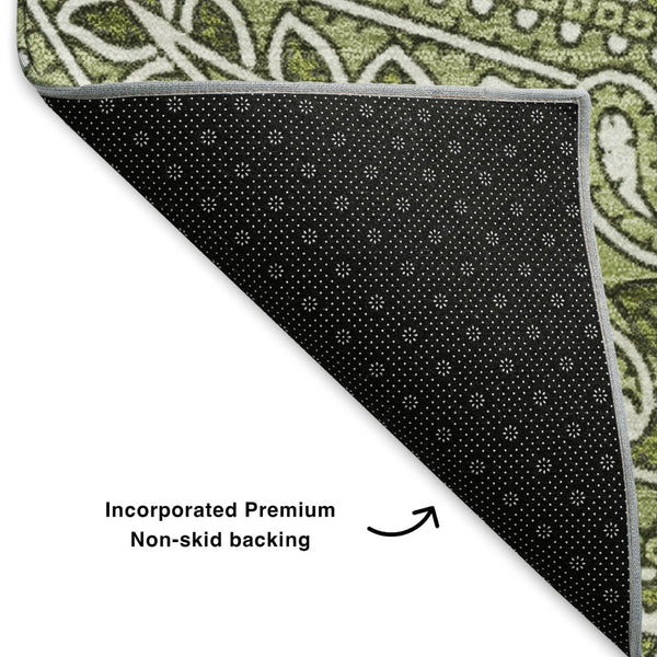 HomeRoots 9' X 12' Green and Ivory Paisley Area Rug – Washable, UV Protected, Durable for High-Traffic Spaces 652646