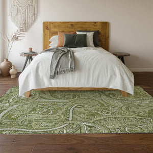 HomeRoots 10' X 14' Green & Ivory Paisley Washable Area Rug - Durable, Soft, UV-Protected for Busy Homes 652647