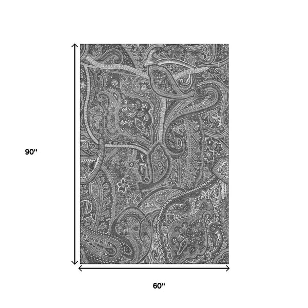 HomeRoots 5' X 8' Gray And Ivory Paisley Area Rug - Washable, UV-Protected, Elegant Design for Busy Homes 652649