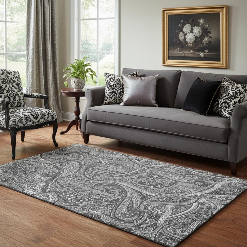 HomeRoots 5' X 8' Gray And Ivory Paisley Area Rug - Washable, UV-Protected, Elegant Design for Busy Homes 652649