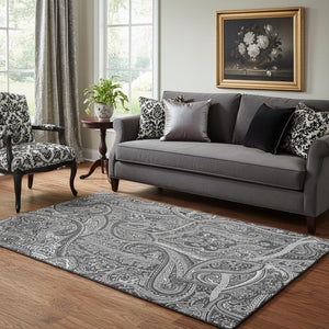 HomeRoots 5' X 8' Gray And Ivory Paisley Area Rug - Washable, UV-Protected, Elegant Design for Busy Homes 652649