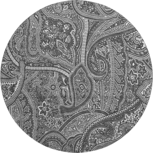 HomeRoots 8' Gray And Ivory Paisley Round Rug - Washable, UV Protected, Durable for Homes with Kids & Pets 652650