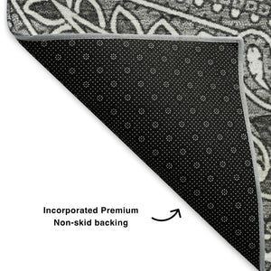HomeRoots 8' Gray And Ivory Paisley Round Rug - Washable, UV Protected, Durable for Homes with Kids & Pets 652650