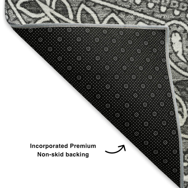 HomeRoots 8' Gray And Ivory Paisley Round Rug - Washable, UV Protected, Durable for Homes with Kids & Pets 652650
