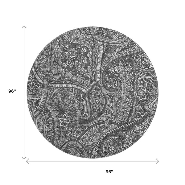 HomeRoots 8' Gray And Ivory Paisley Round Rug - Washable, UV Protected, Durable for Homes with Kids & Pets 652650