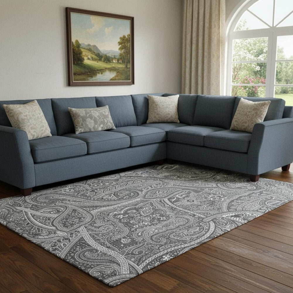HomeRoots 8' X 10' Gray and Ivory Paisley Area Rug - Washable, UV Protected, Stain Resistant for Busy Homes 652651