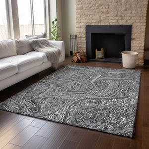 HomeRoots 8' X 10' Gray and Ivory Paisley Area Rug - Washable, UV Protected, Stain Resistant for Busy Homes 652651