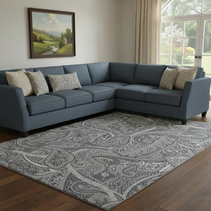 HomeRoots 10' X 14' Gray and Ivory Paisley Area Rug - Washable, UV Protected, Durable for Busy Homes & Kids 652653