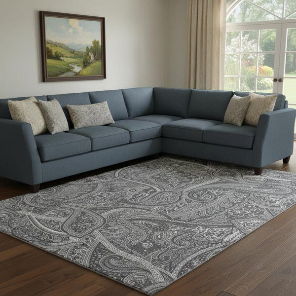 HomeRoots 10' X 14' Gray and Ivory Paisley Area Rug - Washable, UV Protected, Durable for Busy Homes & Kids 652653