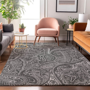 HomeRoots 10' X 14' Gray and Ivory Paisley Area Rug - Washable, UV Protected, Durable for Busy Homes & Kids 652653