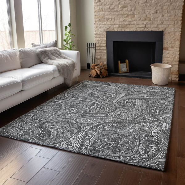 HomeRoots 10' X 14' Gray and Ivory Paisley Area Rug - Washable, UV Protected, Durable for Busy Homes & Kids 652653