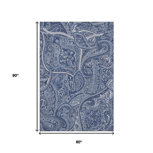 HomeRoots 5' X 8' Navy Blue and Ivory Paisley Area Rug - Durable, Stain-Resistant, UV Protected for Homes 652655