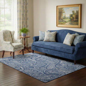 HomeRoots 5' X 8' Navy Blue and Ivory Paisley Area Rug - Durable, Stain-Resistant, UV Protected for Homes 652655