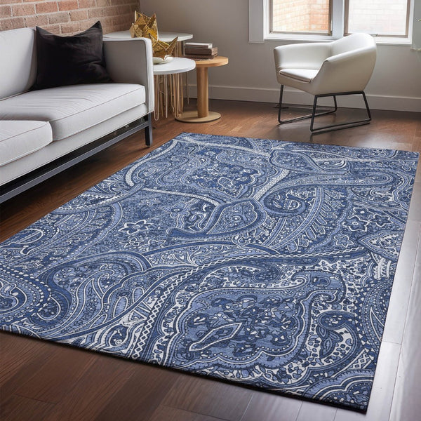 HomeRoots 5' X 8' Navy Blue and Ivory Paisley Area Rug - Durable, Stain-Resistant, UV Protected for Homes 652655