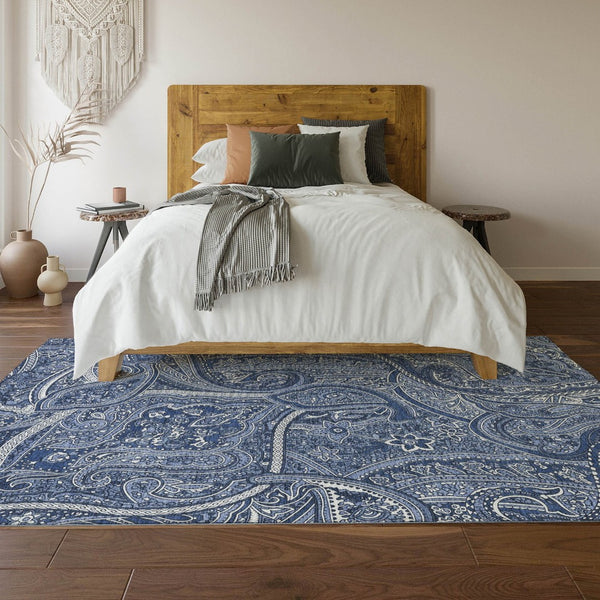 HomeRoots 5' X 8' Navy Blue and Ivory Paisley Area Rug - Durable, Stain-Resistant, UV Protected for Homes 652655