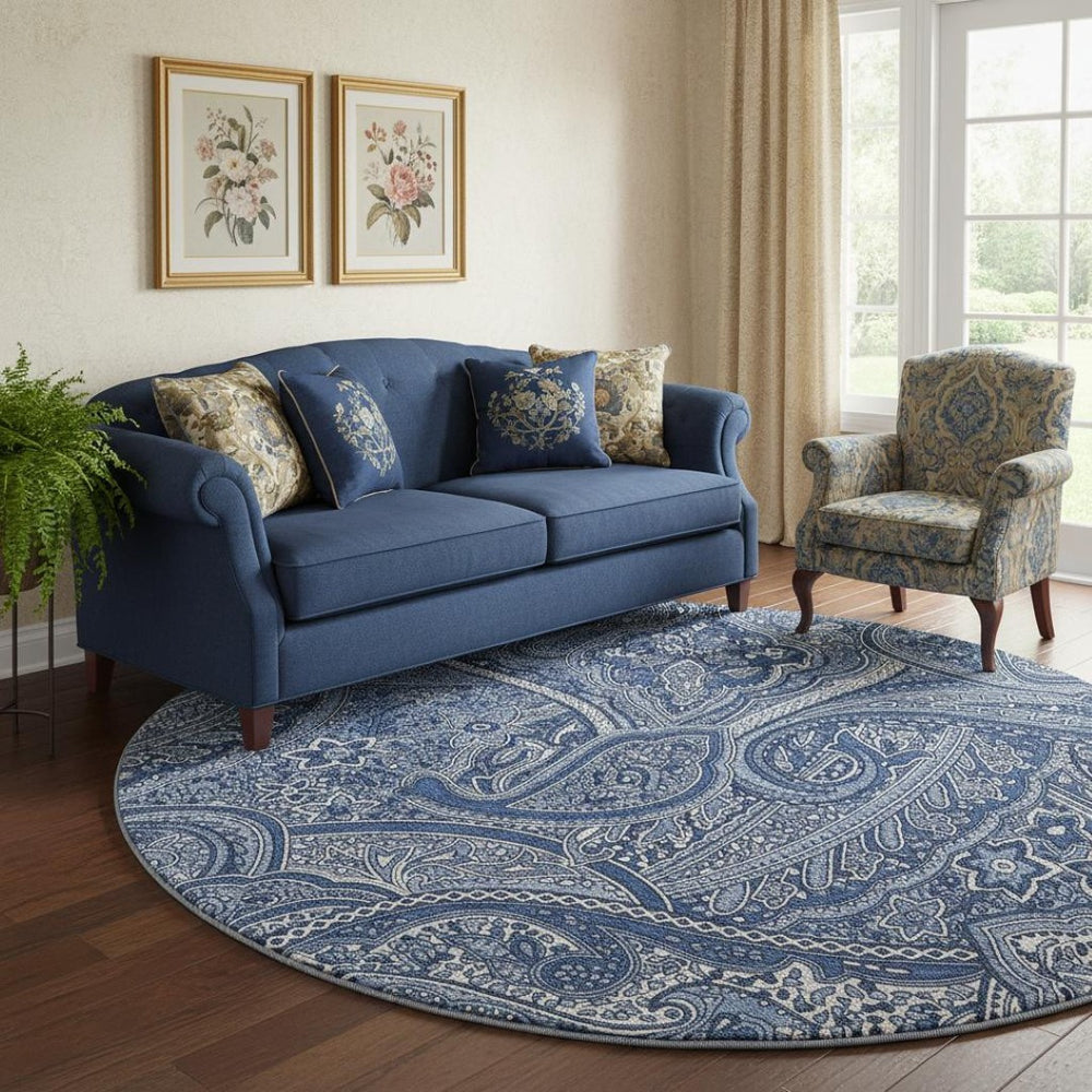 HomeRoots 8' Navy Blue & Ivory Paisley Round Rug - Washable, UV Protected, Stain Resistant for Modern Homes 652656