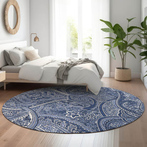 HomeRoots 8' Navy Blue & Ivory Paisley Round Rug - Washable, UV Protected, Stain Resistant for Modern Homes 652656