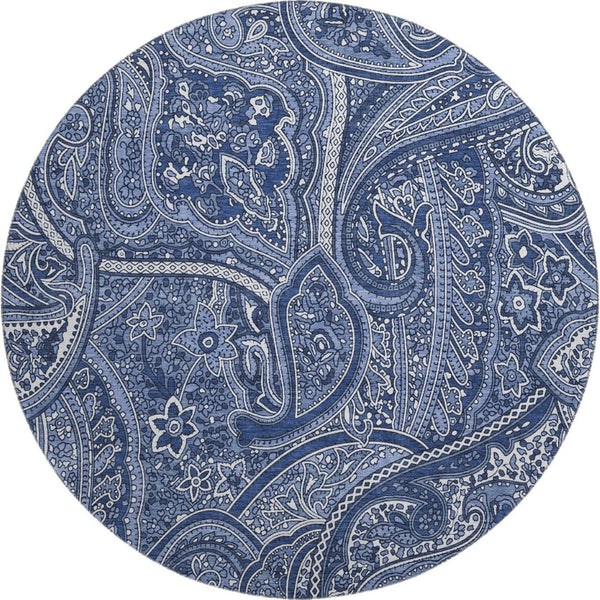 HomeRoots 8' Navy Blue & Ivory Paisley Round Rug - Washable, UV Protected, Stain Resistant for Modern Homes 652656