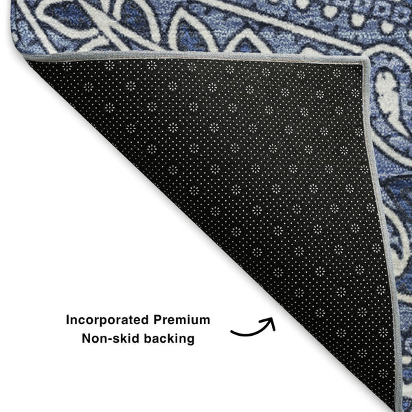 HomeRoots 8' Navy Blue & Ivory Paisley Round Rug - Washable, UV Protected, Stain Resistant for Modern Homes 652656
