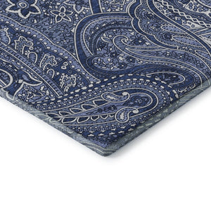 HomeRoots 8' Navy Blue & Ivory Paisley Round Rug - Washable, UV Protected, Stain Resistant for Modern Homes 652656