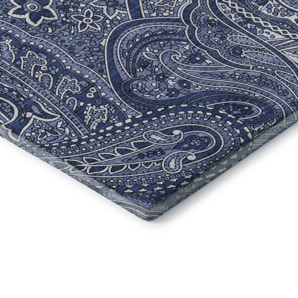 HomeRoots 8' Navy Blue & Ivory Paisley Round Rug - Washable, UV Protected, Stain Resistant for Modern Homes 652656