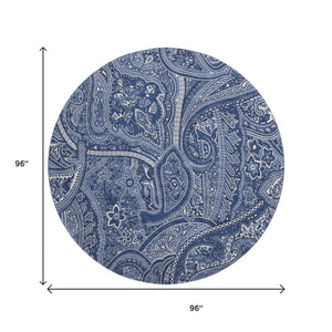 HomeRoots 8' Navy Blue & Ivory Paisley Round Rug - Washable, UV Protected, Stain Resistant for Modern Homes 652656