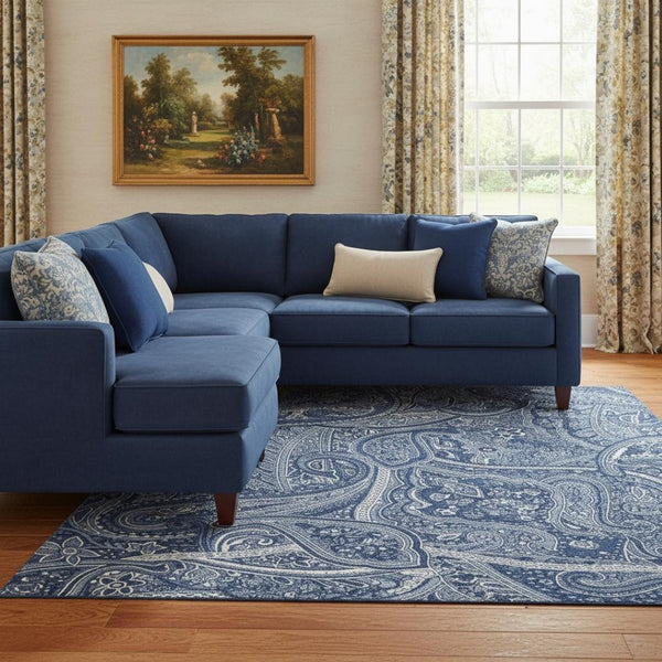 HomeRoots 8' X 10' Navy Blue & Ivory Paisley Washable Area Rug - Durable, UV-Protected Elegance for Any Room 652657