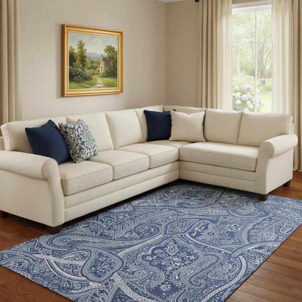 HomeRoots 8' X 10' Navy Blue & Ivory Paisley Washable Area Rug - Durable, UV-Protected Elegance for Any Room 652657