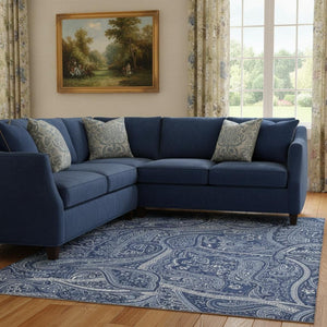HomeRoots 8' X 10' Navy Blue & Ivory Paisley Washable Area Rug - Durable, UV-Protected Elegance for Any Room 652657