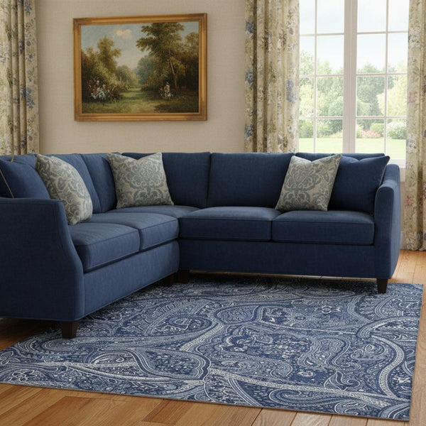 HomeRoots 8' X 10' Navy Blue & Ivory Paisley Washable Area Rug - Durable, UV-Protected Elegance for Any Room 652657