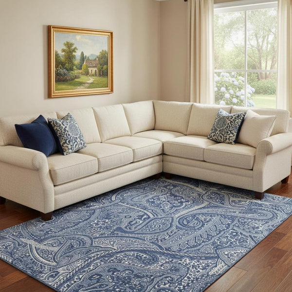 HomeRoots 9' Navy Blue & Ivory Paisley Washable Area Rug - UV Protected, Stain-Resistant, Durable Design 652658