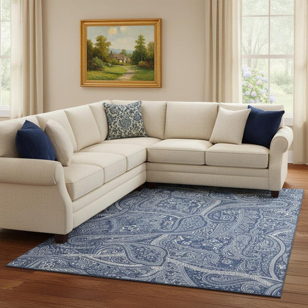 HomeRoots 10' X 14' Navy Blue & Ivory Paisley Washable Area Rug - Durable, UV Protected, Stain Resistant Elegance 652659