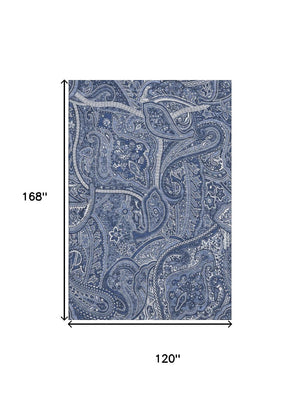 HomeRoots 10' X 14' Navy Blue & Ivory Paisley Washable Area Rug - Durable, UV Protected, Stain Resistant Elegance 652659