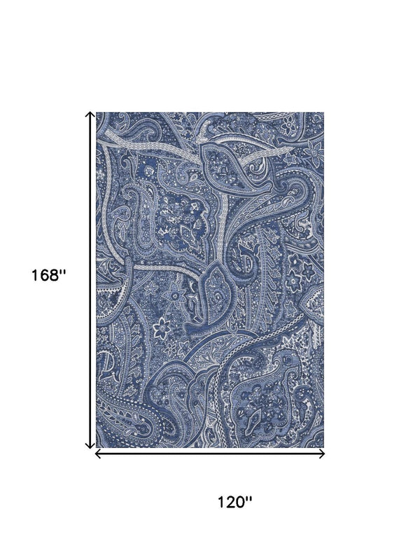 HomeRoots 10' X 14' Navy Blue & Ivory Paisley Washable Area Rug - Durable, UV Protected, Stain Resistant Elegance 652659