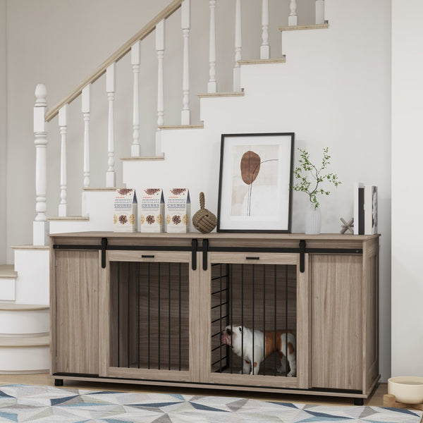 English Elm Pawhut Modern Dog Crate Furniture With Storage & Divider For Small Or Large Dogs, 71" Walnut Design W2225P217159-GIGA