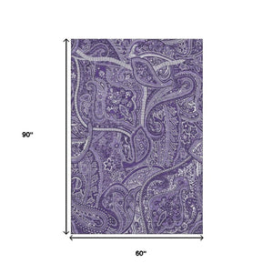 HomeRoots 5' X 8' Purple And Ivory Paisley Area Rug - Washable, Stain Resistant, UV Protected for Homes 652661