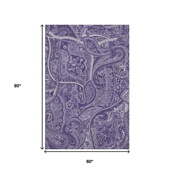 HomeRoots 5' X 8' Purple And Ivory Paisley Area Rug - Washable, Stain Resistant, UV Protected for Homes 652661