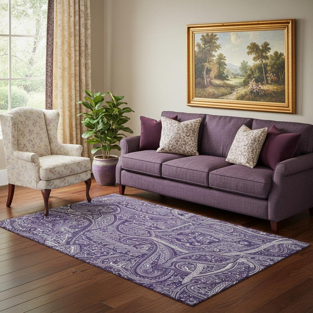HomeRoots 5' X 8' Purple And Ivory Paisley Area Rug - Washable, Stain Resistant, UV Protected for Homes 652661