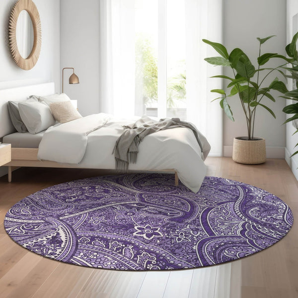 HomeRoots 8' Washable Purple and Ivory Paisley Round Rug - Durable, UV-Protected, and Easy Care for Any Space 652662
