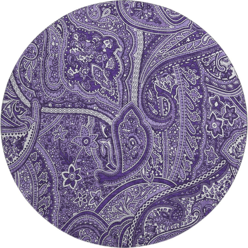 HomeRoots 8' Washable Purple and Ivory Paisley Round Rug - Durable, UV-Protected, and Easy Care for Any Space 652662
