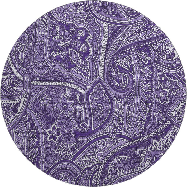 HomeRoots 8' Washable Purple and Ivory Paisley Round Rug - Durable, UV-Protected, and Easy Care for Any Space 652662