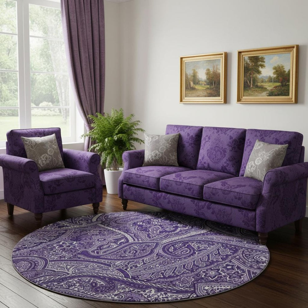 HomeRoots 8' Washable Purple and Ivory Paisley Round Rug - Durable, UV-Protected, and Easy Care for Any Space 652662