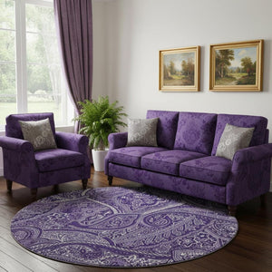 HomeRoots 8' Washable Purple and Ivory Paisley Round Rug - Durable, UV-Protected, and Easy Care for Any Space 652662