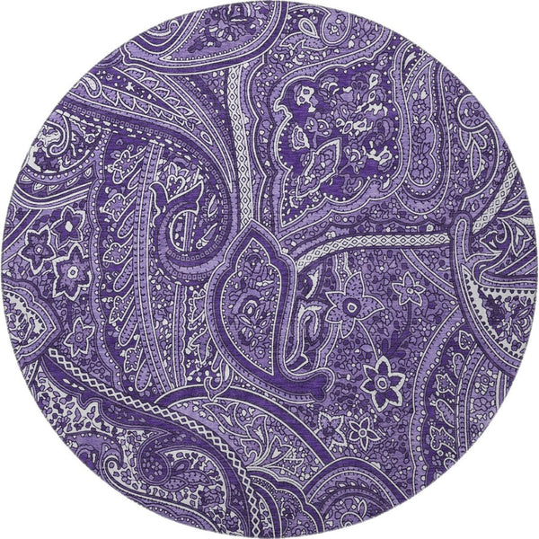 HomeRoots 8' Washable Purple and Ivory Paisley Round Rug - Durable, UV-Protected, and Easy Care for Any Space 652662