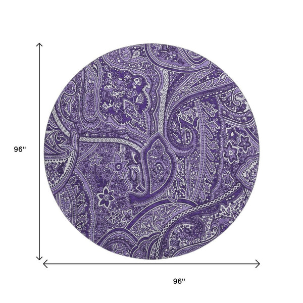 HomeRoots 8' Washable Purple and Ivory Paisley Round Rug - Durable, UV-Protected, and Easy Care for Any Space 652662
