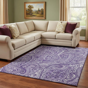 HomeRoots 8' X 10' Elegant Purple & Ivory Paisley Washable Area Rug with UV Protection for Busy Homes 652663